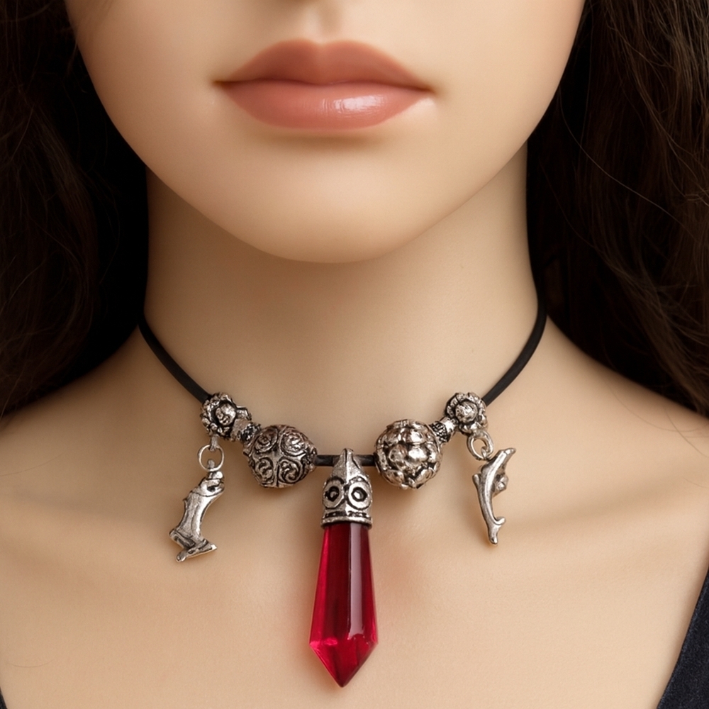 Red Crystal Point Pendant Necklace Silver Tone Charms & Beads, Fashion Jewelry